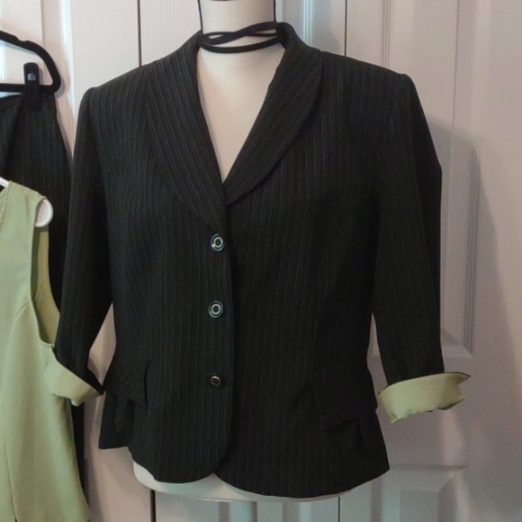 Perceptions 3 Pc Suit Jacket, Tank, Pants Black White Thin stripes Green Tank - Picture 7 of 10